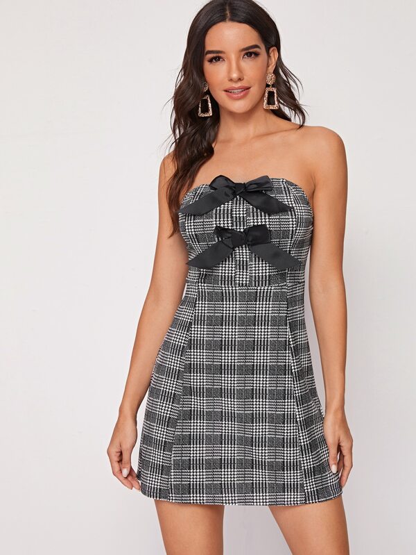 Bow Front Plaid Tube Dress | SHEIN EUR