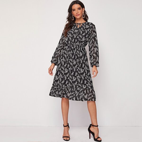 

Tie Neck Lantern Sleeve Floral Print Dress, Black and white