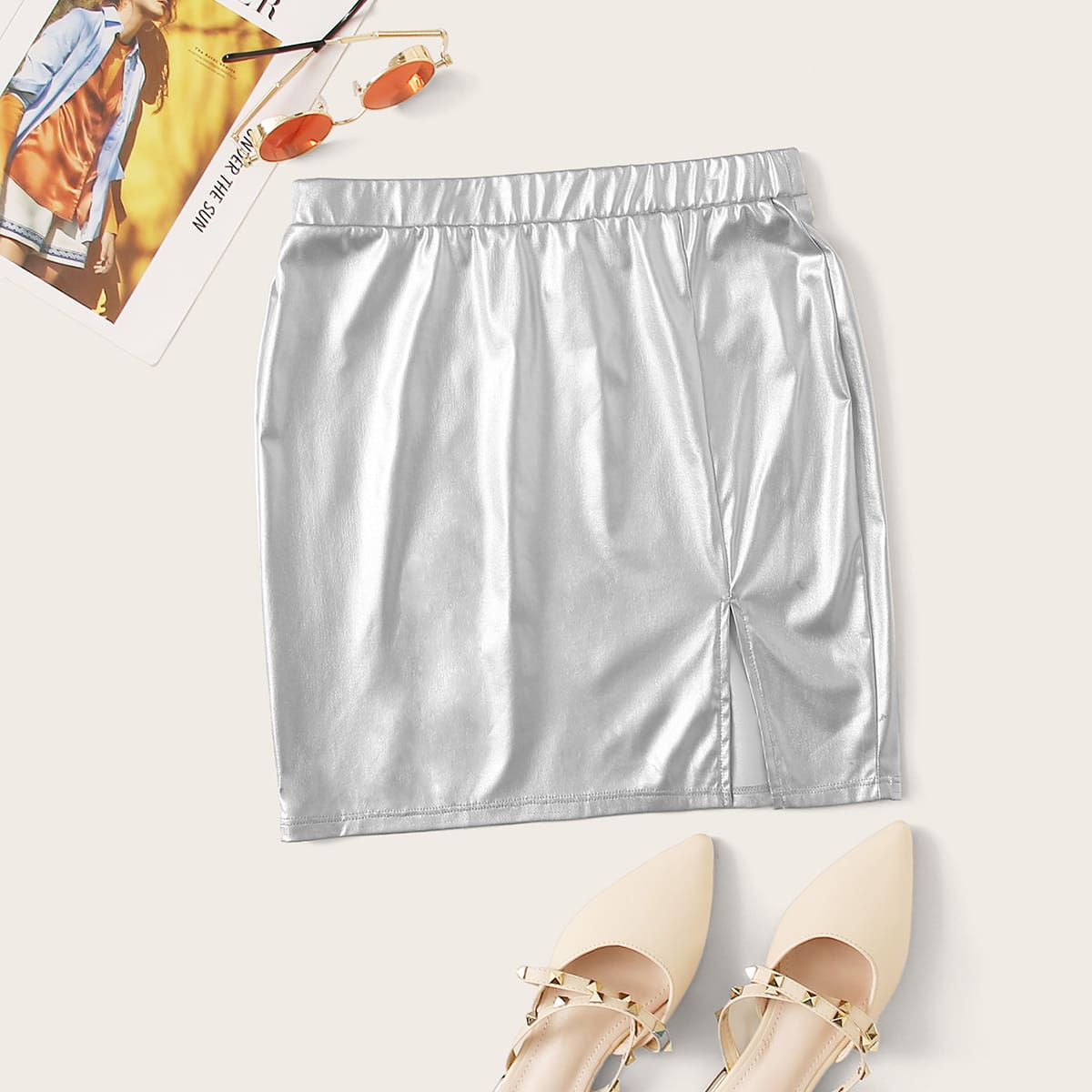 

Elastic Waist Split Hem Leather Look Skirt, Grey
