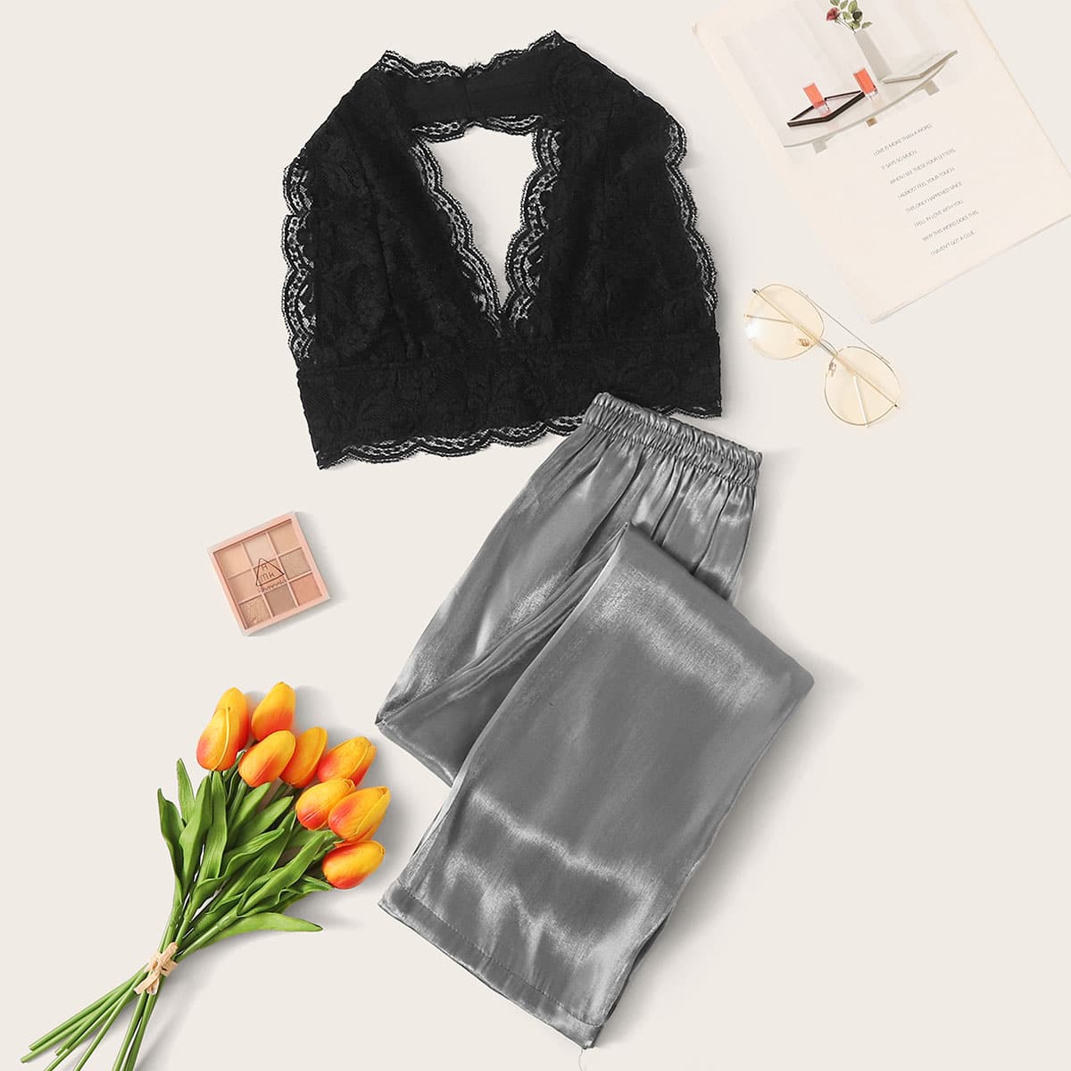 

Floral Lace Bralette With Satin Pants PJ Set, Multicolor