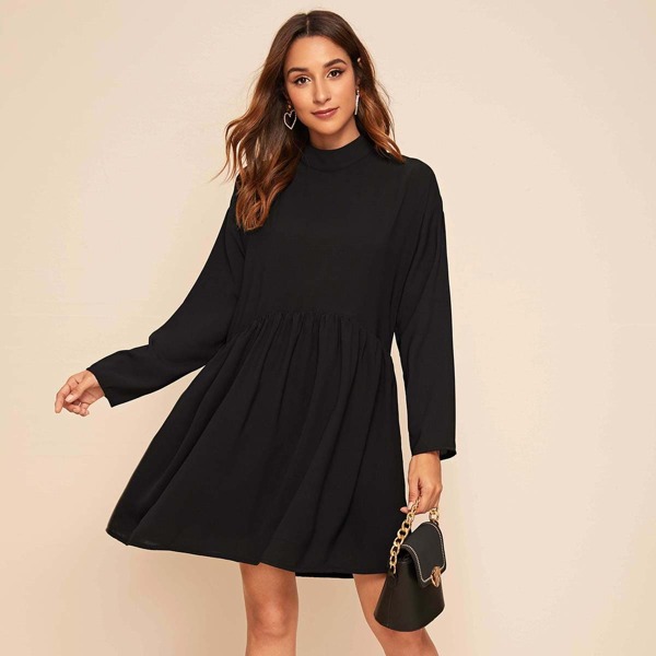 

Mock Neck Batwing Sleeve Smock Dress, Black