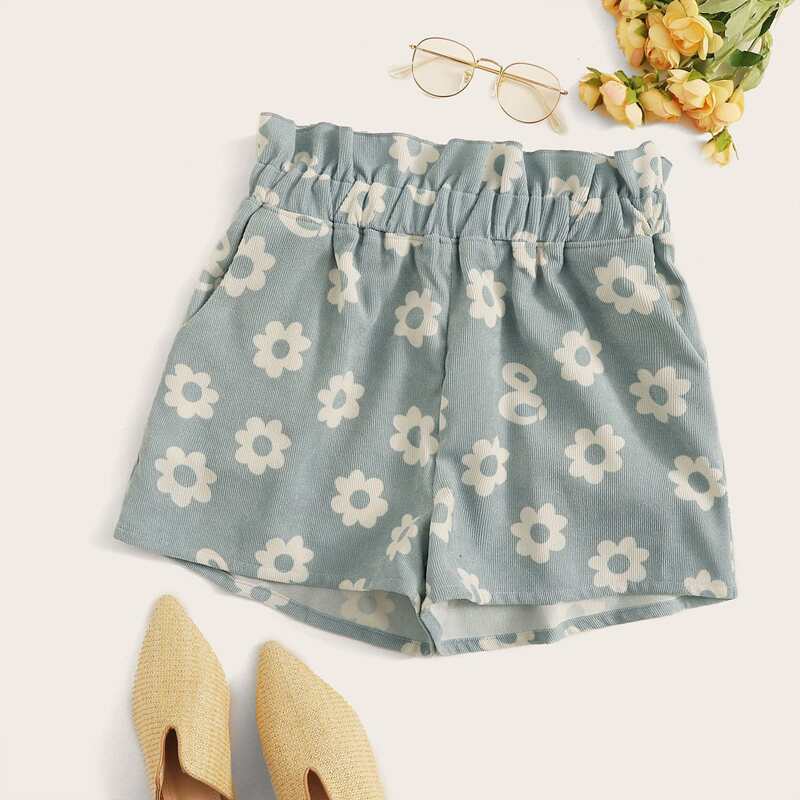 

Floral Paperbag Waist Corduroy Shorts, Multicolor