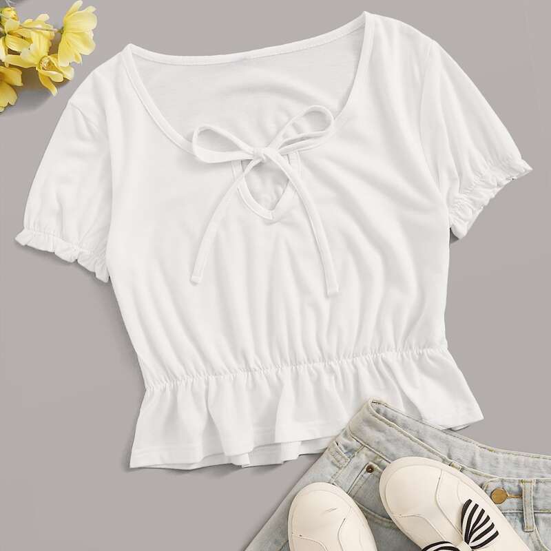 

Tie Front Keyhole Ruffle Peplum Tee, White
