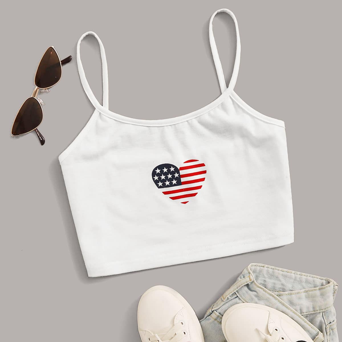 

American Flag Graphic Crop Cami, White
