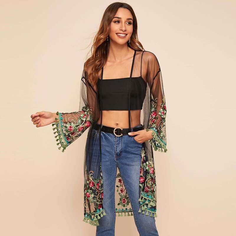 

Tassel Trim Sheer Embroidered Mesh Kimono, Black