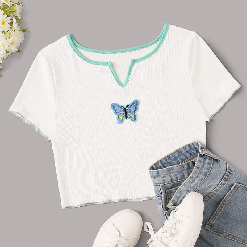 

Contrast Binding Butterfly Embroidery Tee, White