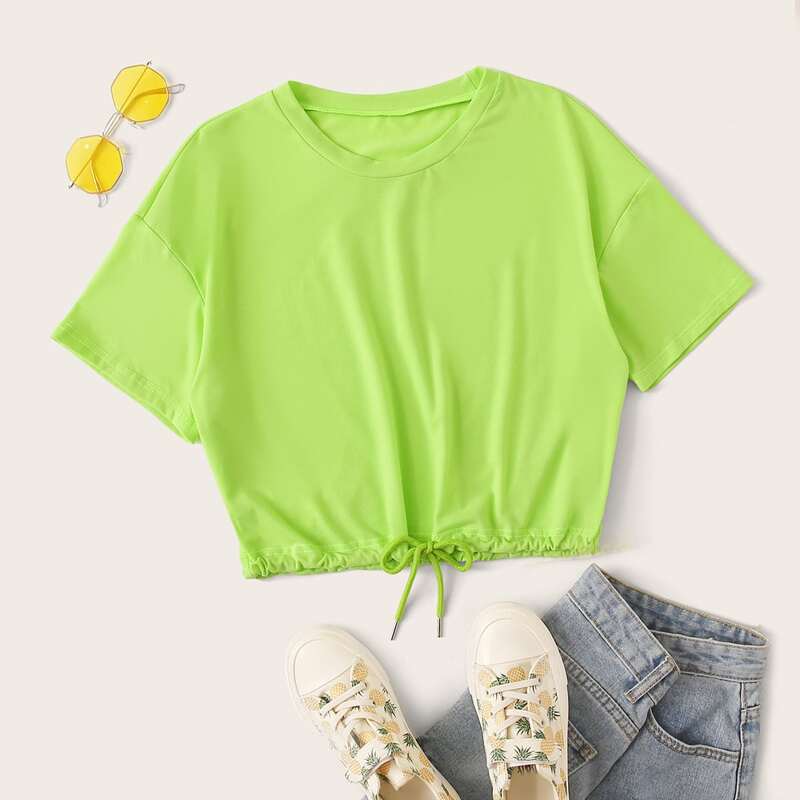 

Drawstring Hem Neon Green Tee, Green bright
