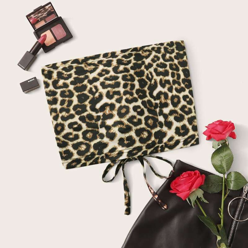 

Lace Up Back Leopard Bandeau Top, Multicolor