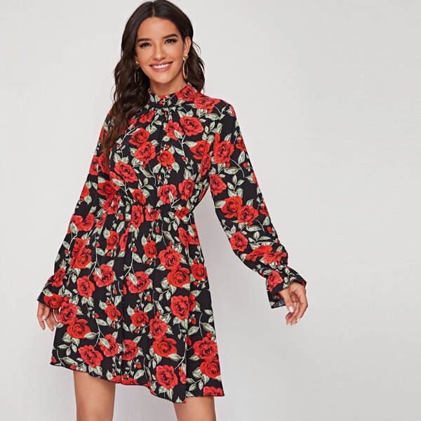 

Mock-neck Flounce Sleeve Floral Print Dress, Multicolor