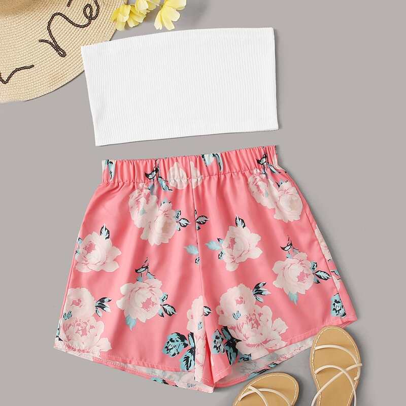 

White Tube Top & Floral Shorts, Multicolor