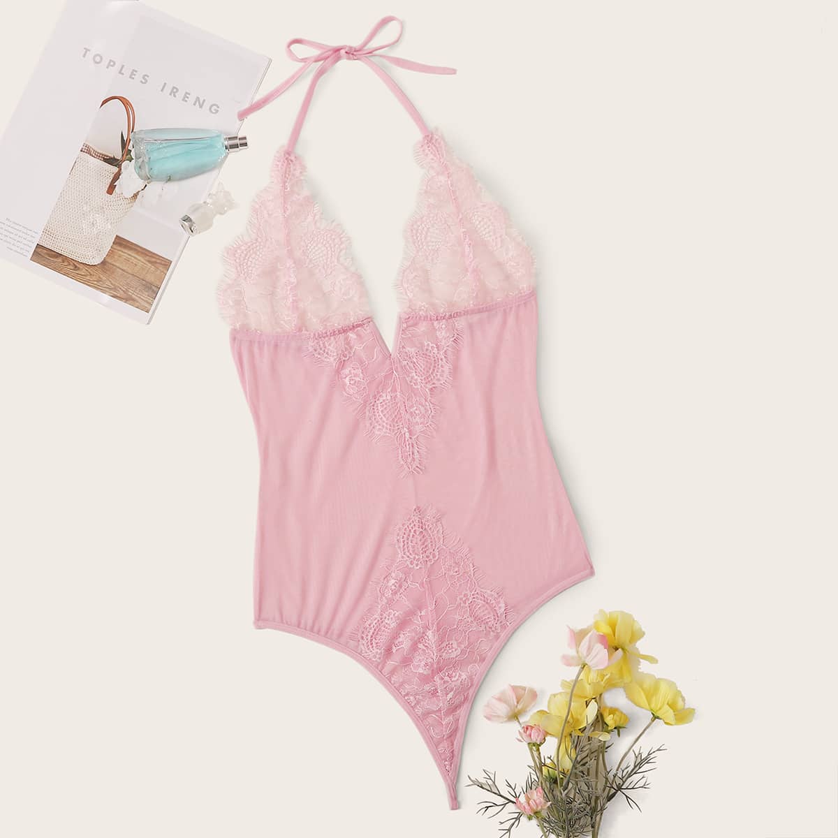 

Eyelash Floral Lace Halter Teddy Bodysuit, Baby pink