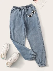 SHEIN EZwear High Waisted Drawstring Waist Tapered Jeans - Blue - View 1