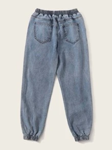 SHEIN EZwear High Waisted Drawstring Waist Tapered Jeans - Blue - View 2