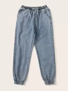 SHEIN EZwear High Waisted Drawstring Waist Tapered Jeans - Blue - View 3