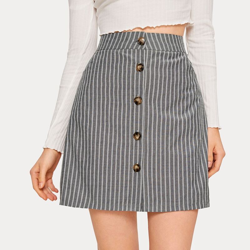 

Striped Button Front Skirt, Grey
