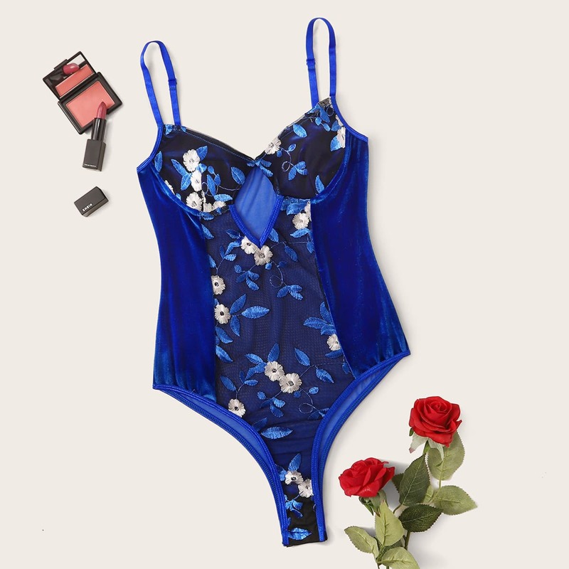 

Floral Embroidered Velvet Teddy Bodysuit, Blue bright