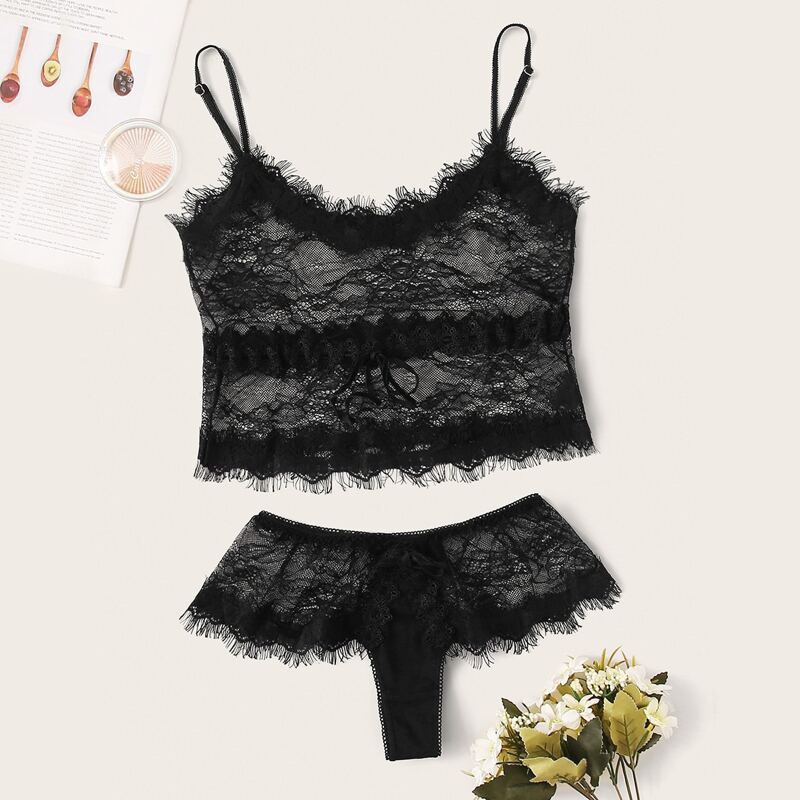 

Eyelash Floral Lace Drawstring Lingerie Set, Black