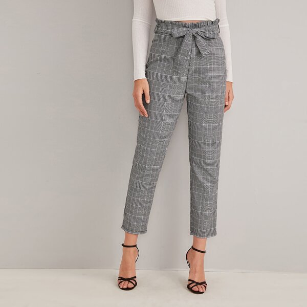 

Plaid Belted Paperbag Waist Pants, Grey