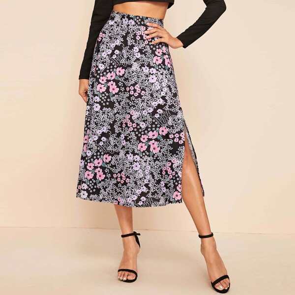 

Floral Print Split Side Skirt, Multicolor