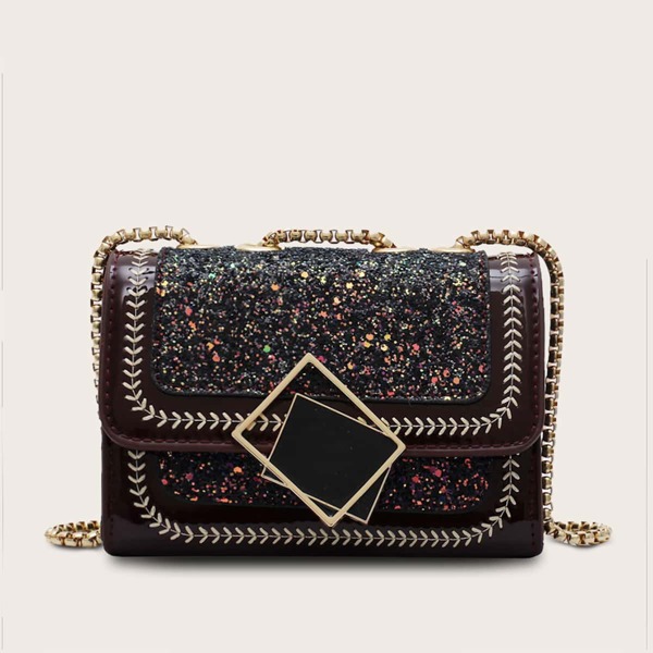 

Geometric Decor Glitter Crossbody Bag, Brown