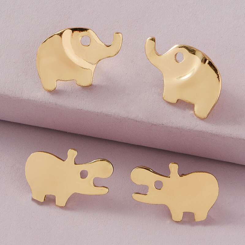

2pcs Elephant & Hippo Design Brooch, Gold