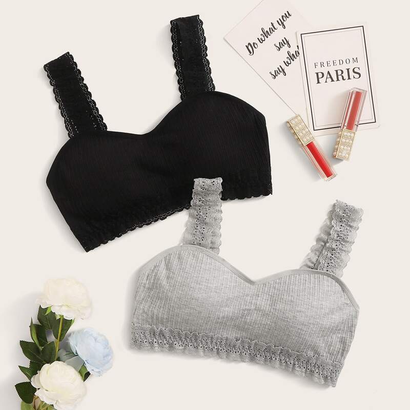 

2pack Lace Trim Wireless Bra Set, Multicolor