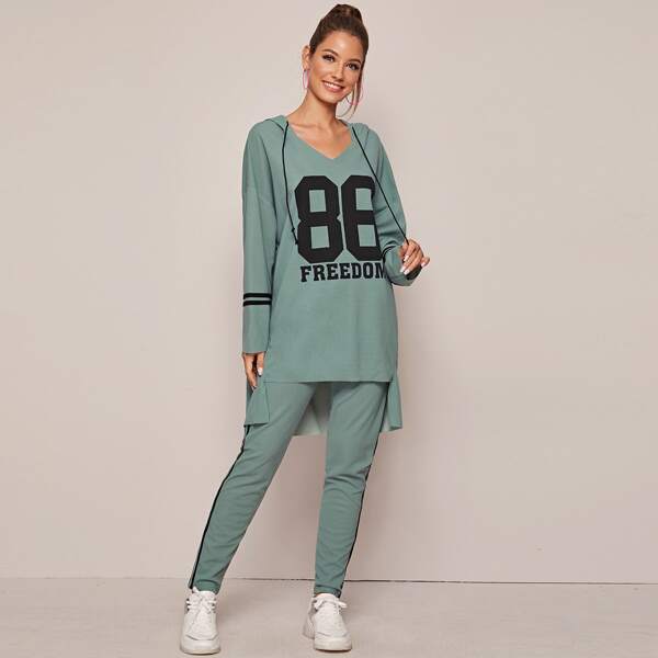 

Varsity High Low Hem Hoodie & Striped Side Leggings Set, Green