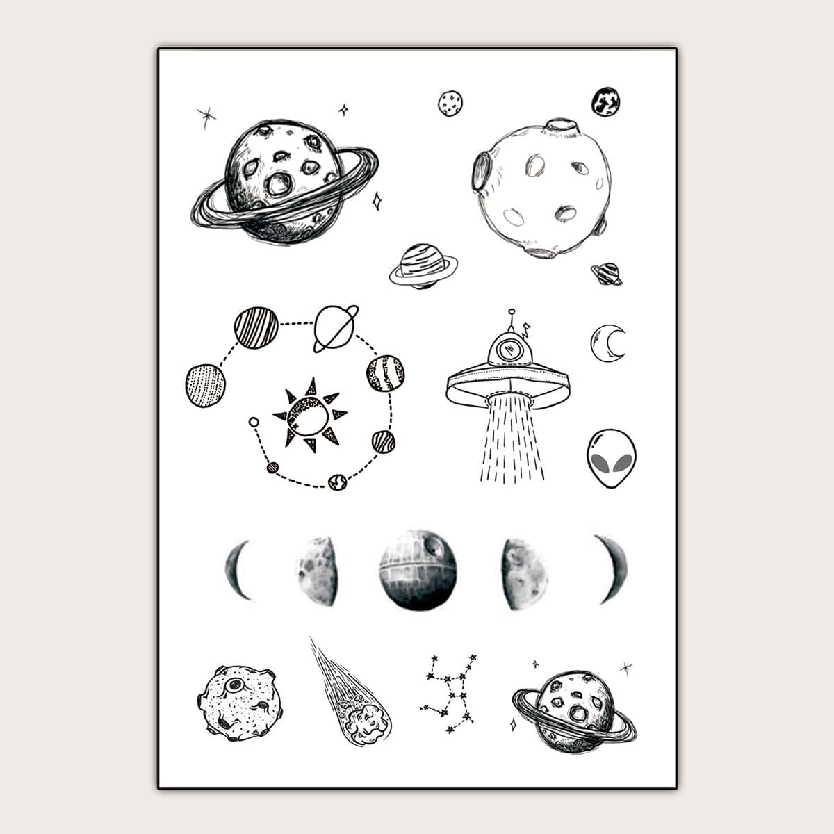 

Planet & Alien Pattern Tattoo Sticker, Black