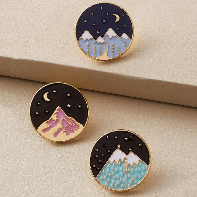 

3pcs Mountain Decor Round Shaped Brooch, Multicolor