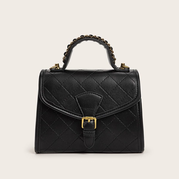 

Buckle Decor Quilted Satchel Bag, Black