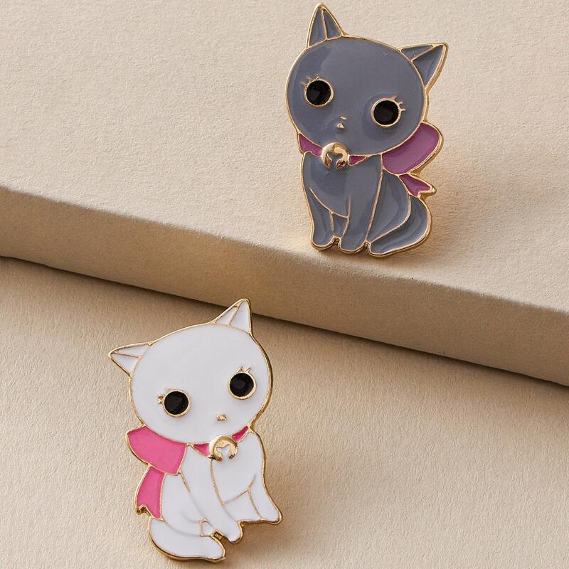 

2pcs Cat Design Brooch, Multicolor