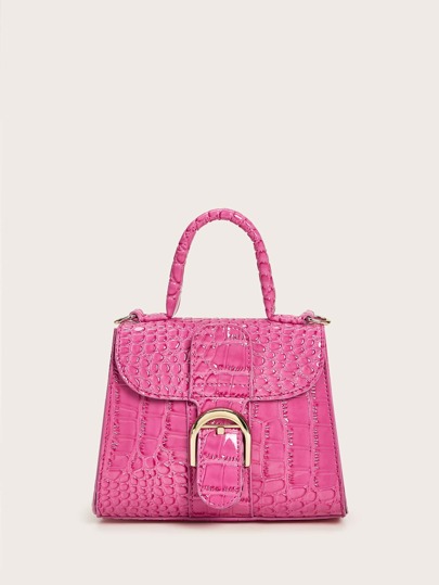 Croc Embossed Buckle Decor Satchel Bag