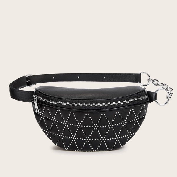 

Studded Decor Zip Front Fanny Pack, Black