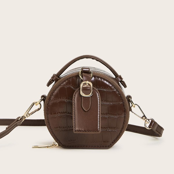 

Mini Croc Embossed Satchel Bag, Brown