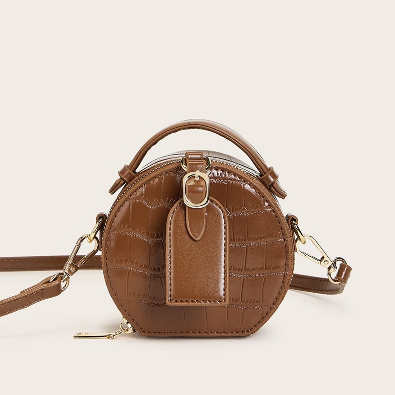 

Mini Croc Embossed Satchel Bag, Brown