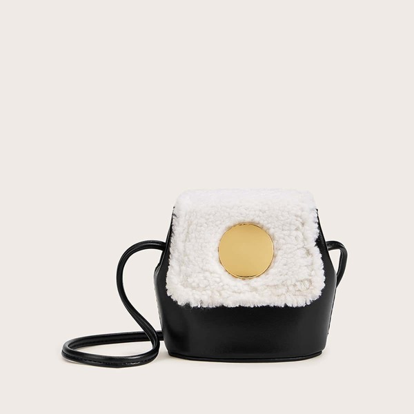 

Mini Contrast Faux Fur Flap Crossbody Bag, Black