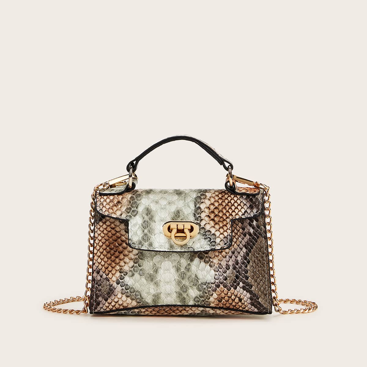 

Mini Snakeskin Satchel Bag With Chain Strap, Multicolor