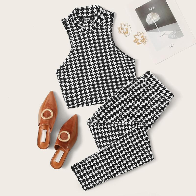 

Mock Neck Houndstooth Top and Leggings Set, Black and white