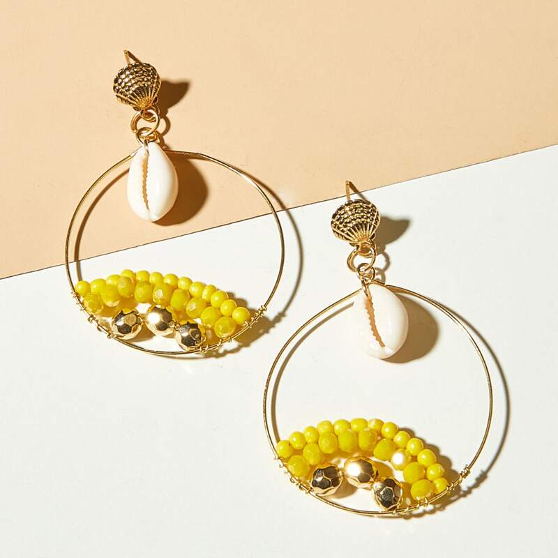 

1pair Shell & Bead Decor Hoop Drop Earrings, Multicolor