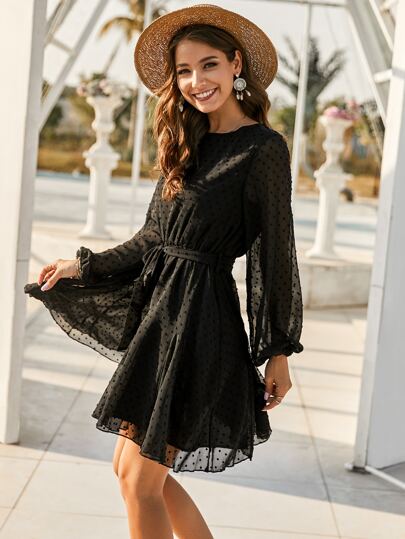 Swiss Dot Bishop Sleeve Self Tie A-line Dress
