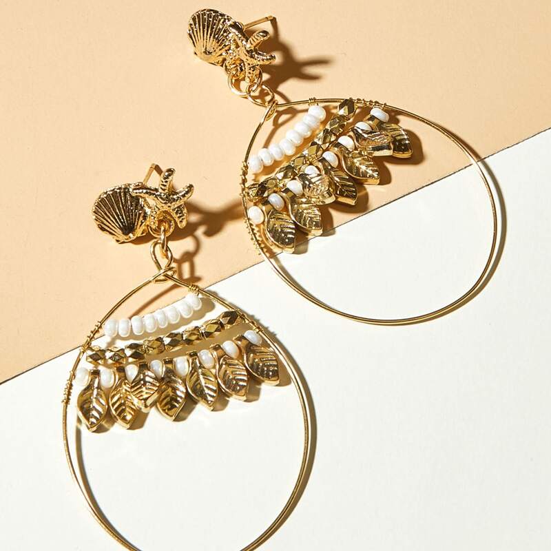 

1pair Shell & Leaf Charm Hoop Drop Earrings, Gold