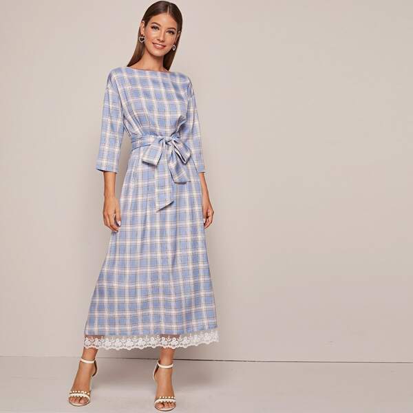 

Drop Shoulder Lace Hem Belted Plaid Dress, Blue