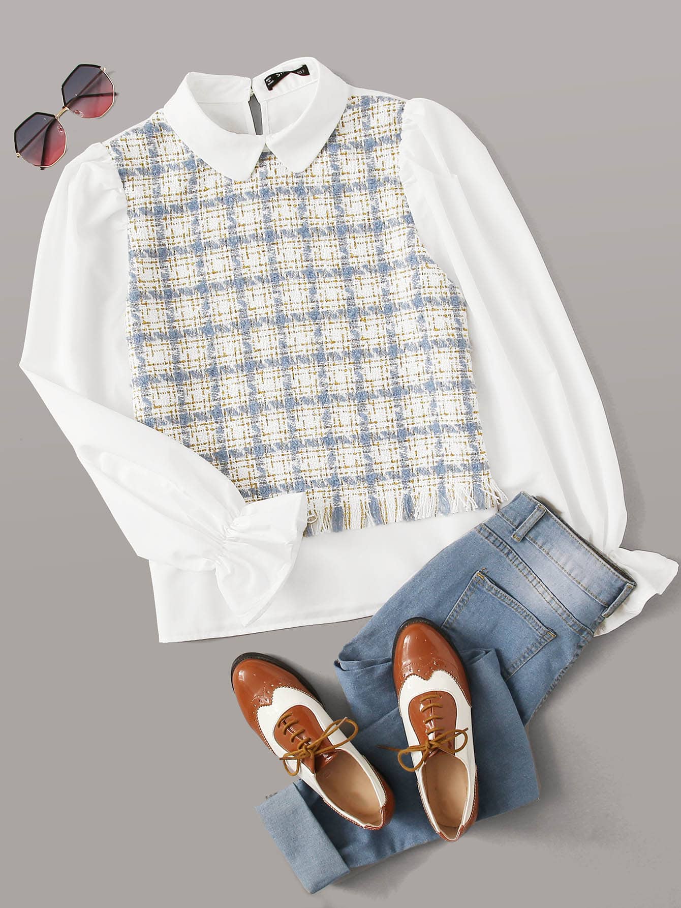 SHEIN Essnce Bell Cuff Mixed Media Plaid Top - Multicolor - View 1