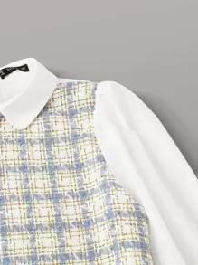 SHEIN Essnce Bell Cuff Mixed Media Plaid Top - Multicolor - View 5