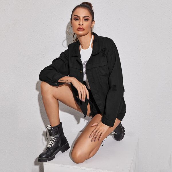 

Ripped Solid Denim Trucker Jacket, Black