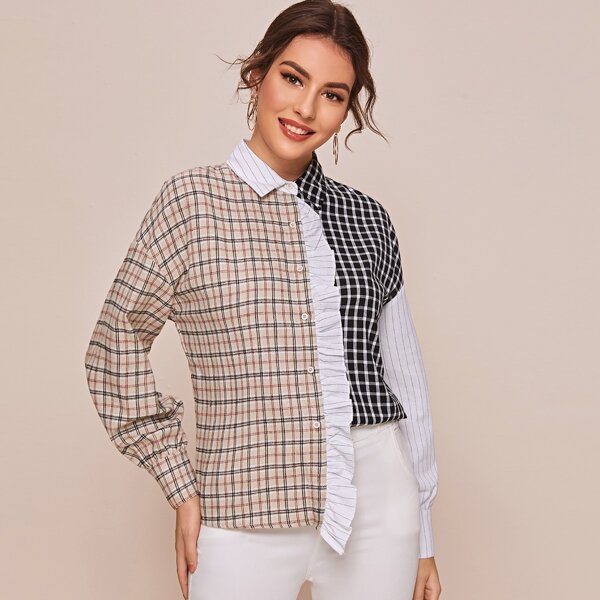 

Ruffle Placket Color Block Plaid Blouse, Multicolor