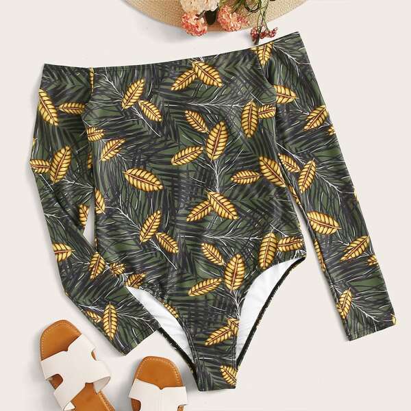 

Tropical Random Print Long Sleeve One Piece Swimwear, Multicolor