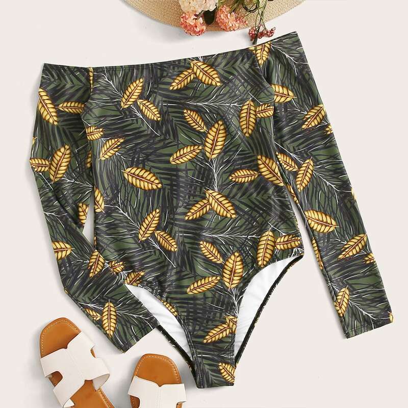 

Tropical Random Print Long Sleeve One Piece Swimwear, Multicolor