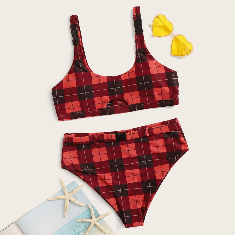 

Plaid Random Print Top With High Waist Bikini, Multicolor