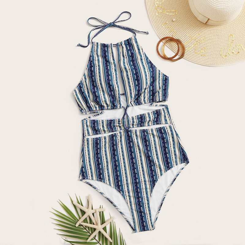 

Striped Halter One Piece Swimsuit, Multicolor
